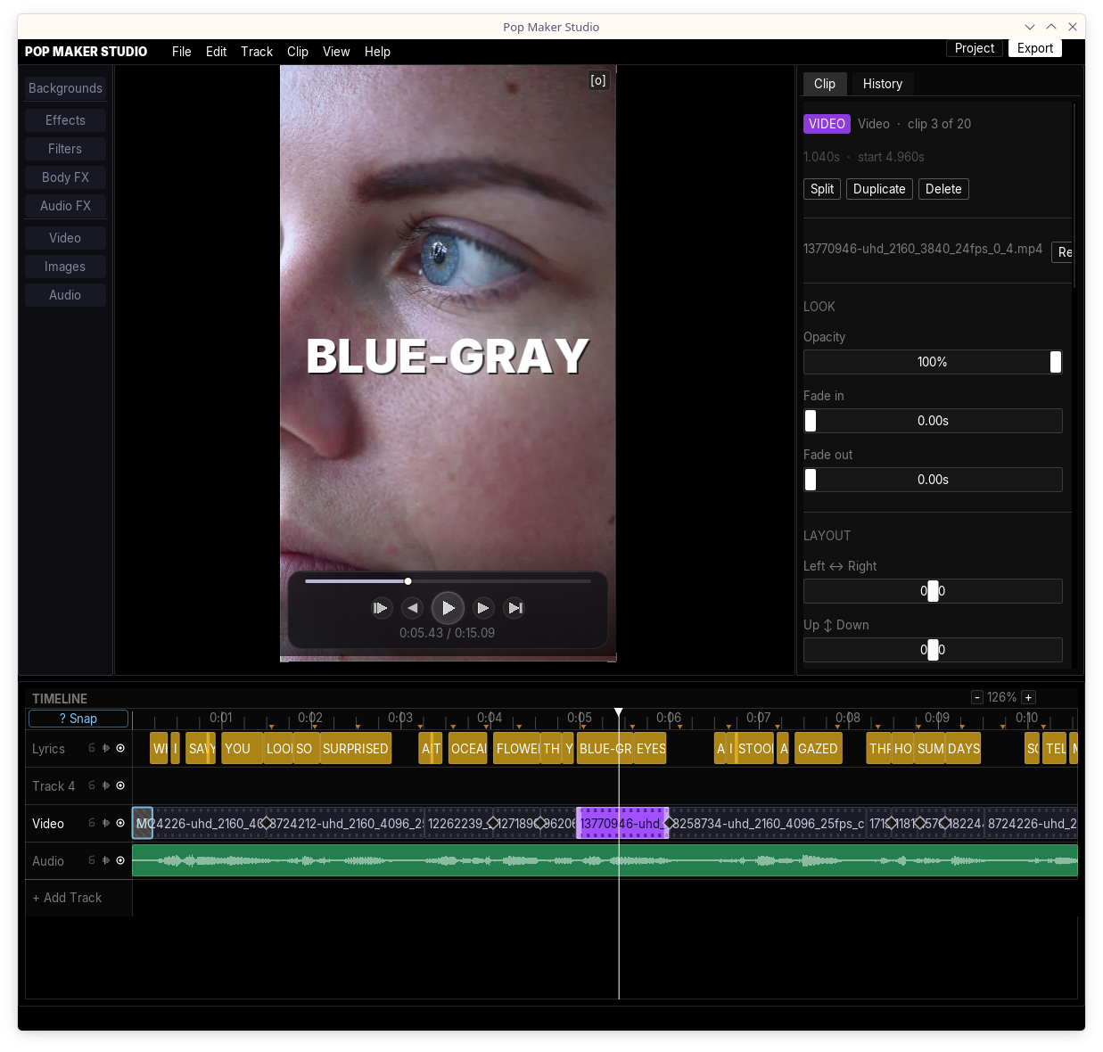 Pop Maker Studio: clip inspector with timeline