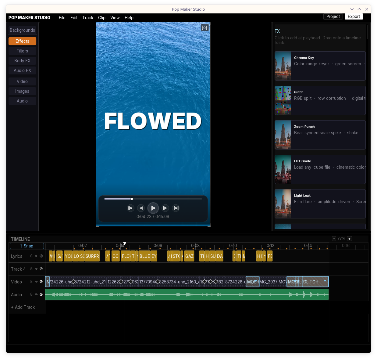 Pop Maker Studio: lyric animation editor with effects panel